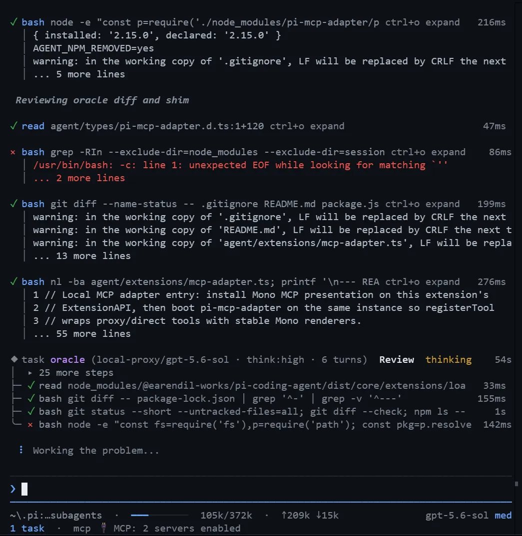 A historical capture of the terminal UI, still labeled Mono at the time, showing compact tool receipts and an active oracle review